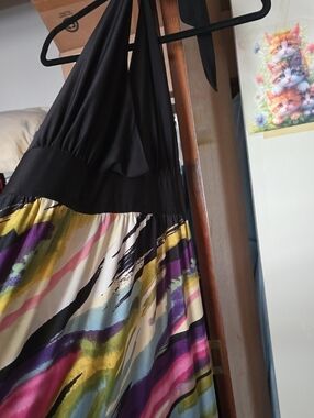 Caren Sport Black Halter Maxi Dress with Multicolor Brushstroke Skirt